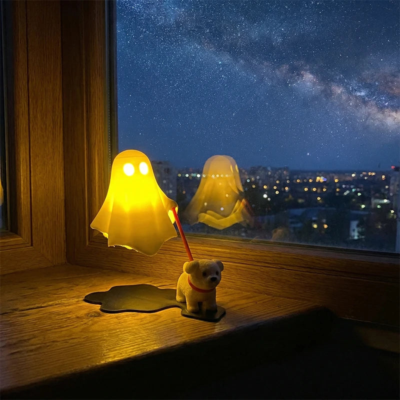Glowing amber ghost night light walking a leashed puppy on a windowsill at night