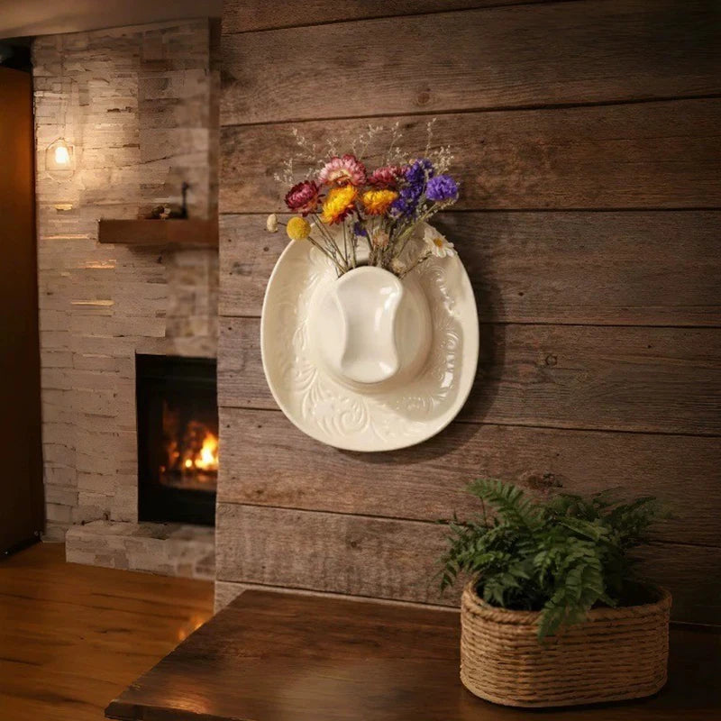 Ceramic cowboy hat wall vase, Western wall decor, additional product view
