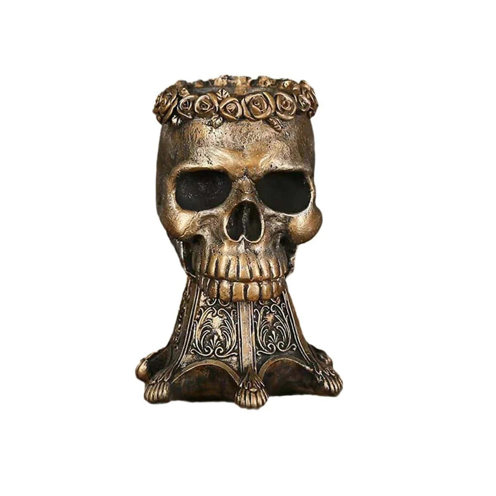 Bronze gothic skull vase on white background, front view