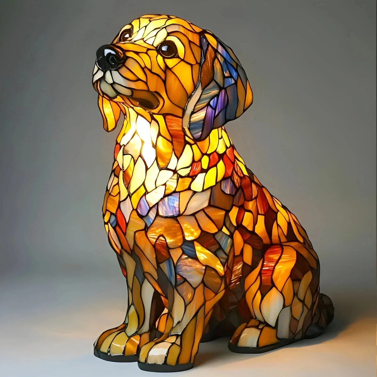 Stained-glass style LED animal ornament, Golden Retriever puppy design sitting, glowing warm light