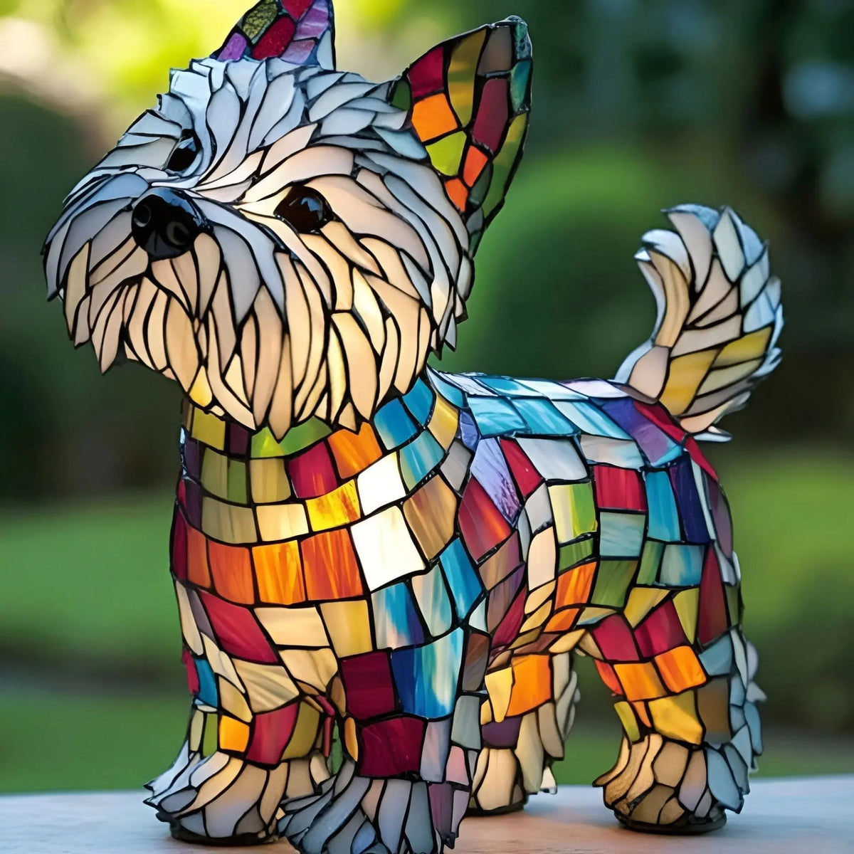 Stained-glass style animal LED ornament, glowing mosaic resin figurine, side view