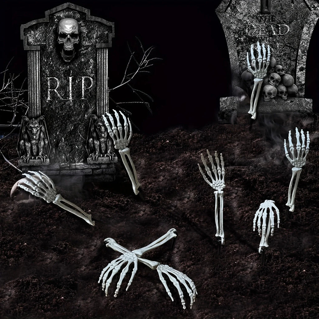 Skeleton hand and skull ground stakes for Halloween yard decor