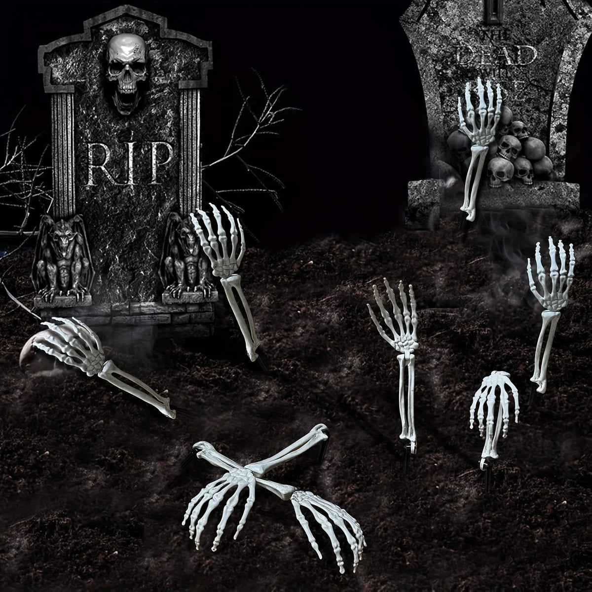 Skeleton hand and skull ground stakes for Halloween yard decor