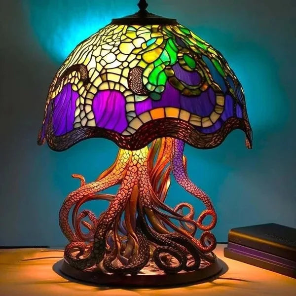 Stained-glass style animal LED ornament, glowing mosaic resin figurine close-up