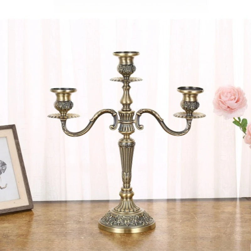 Bronze Victorian Cast-Metal Candelabra, 3-arm, styled on a wood tabletop