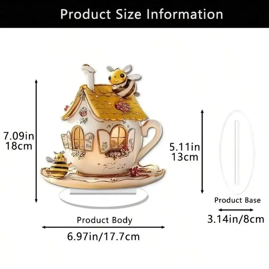 Bee cottage teacup ornament size chart: 18cm tall, 17.7cm wide, 8cm base