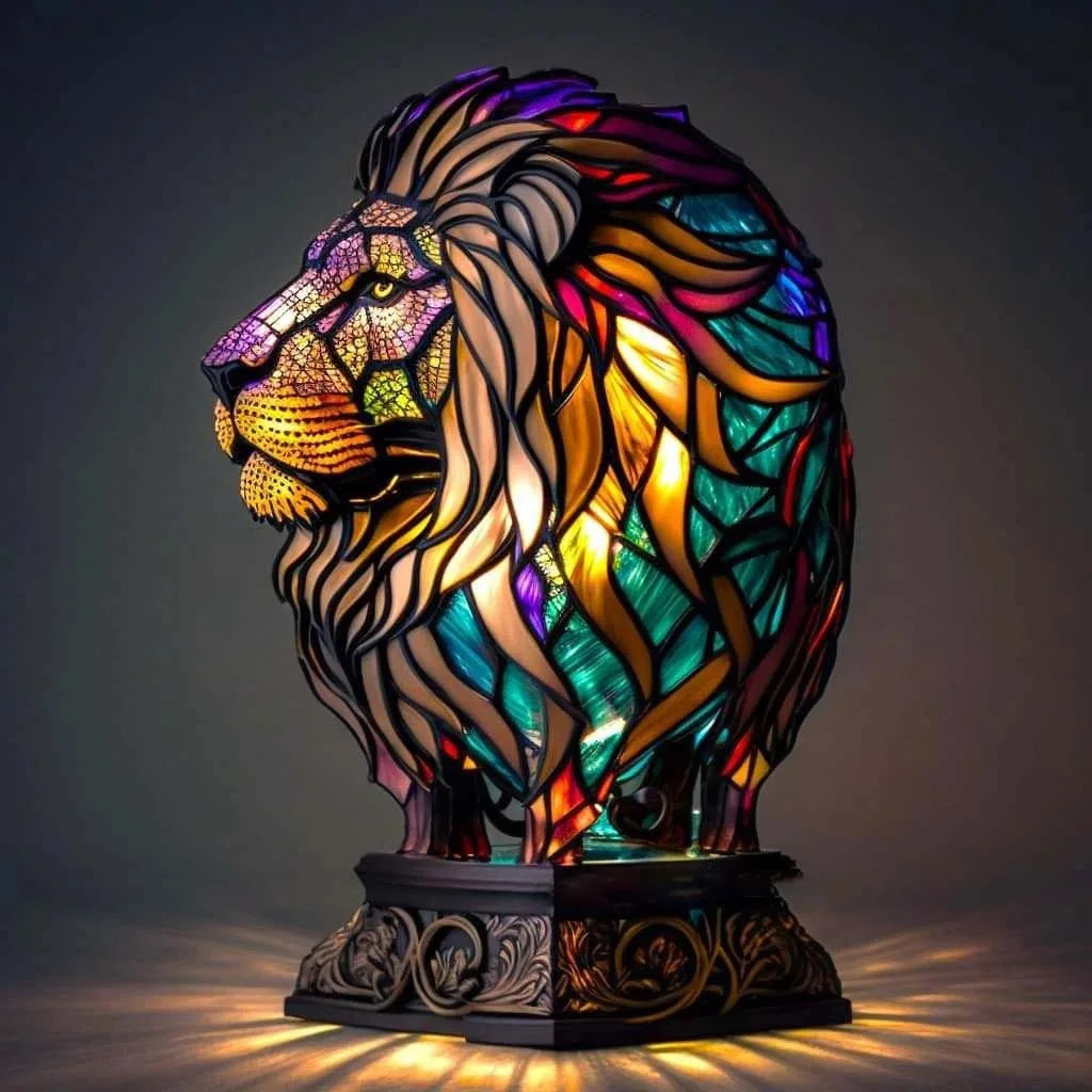 Stained-glass style animal LED ornament, glowing mosaic resin figurine close-up detail