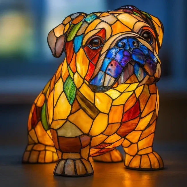 Stained-glass style animal LED ornament, mosaic resin figurine with warm LED glow, additional design