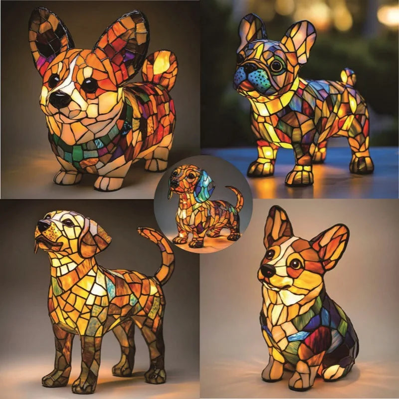 Stained-glass style LED animal ornament collection: Corgi, French Bulldog, Dachshund and Beagle dog designs glowing