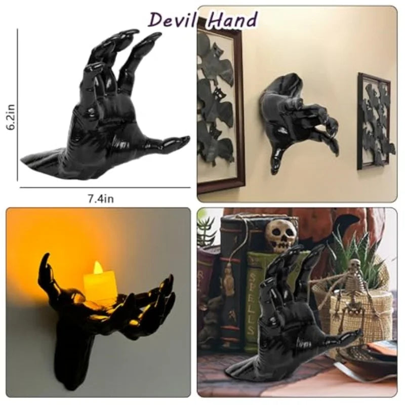 Creepy reaching hand decor collage showing size, wall-mounted display, candle holder use and shelf styling