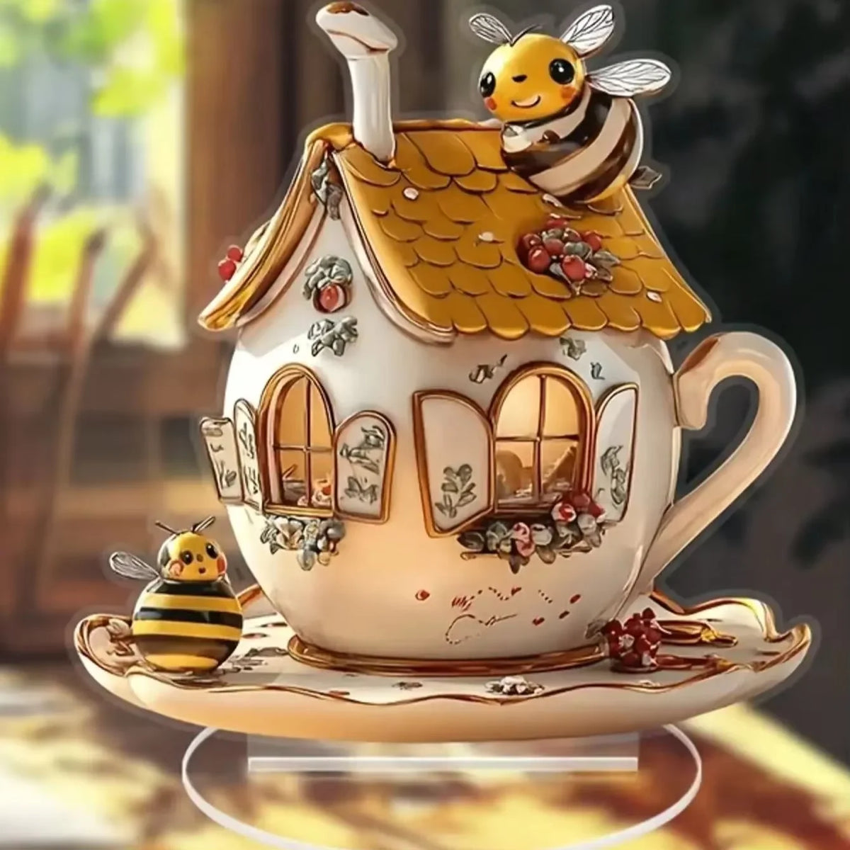 Honeybee cottage teacup acrylic ornament displayed on its clear stand