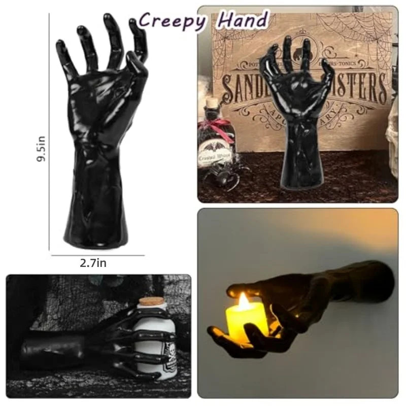 Black creepy hand decor with size dimensions and display examples