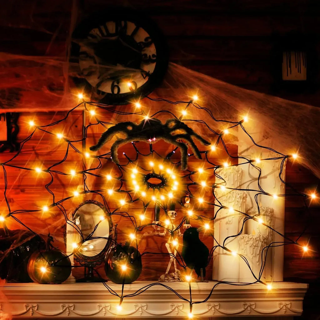 LED spider web string lights for Halloween window and wall decor