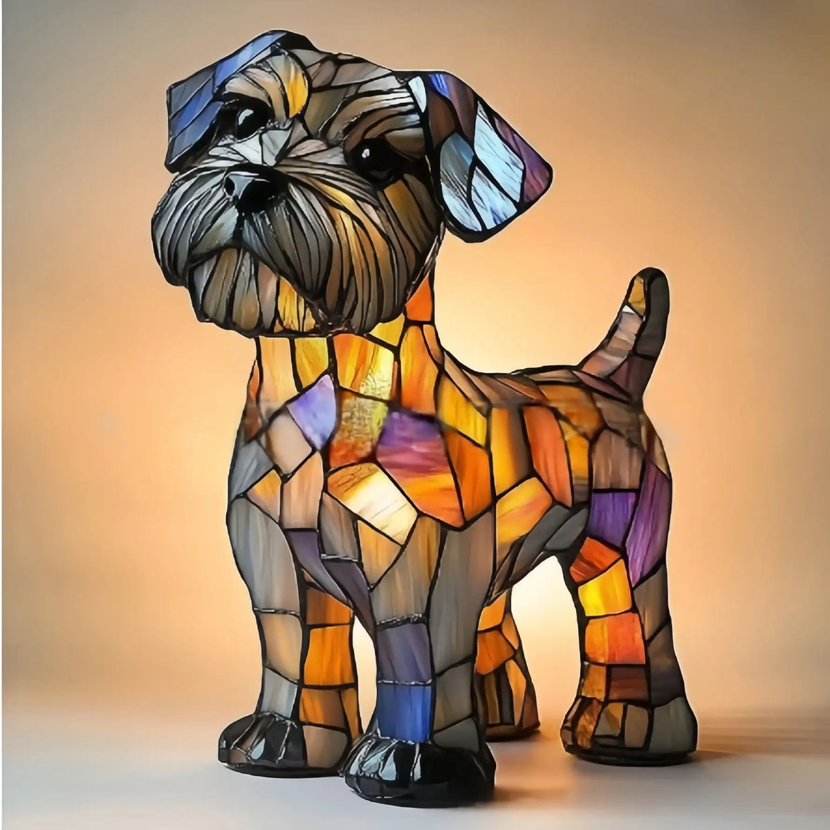 Stained-glass style animal LED ornament, mosaic resin figurine styled indoors, glowing