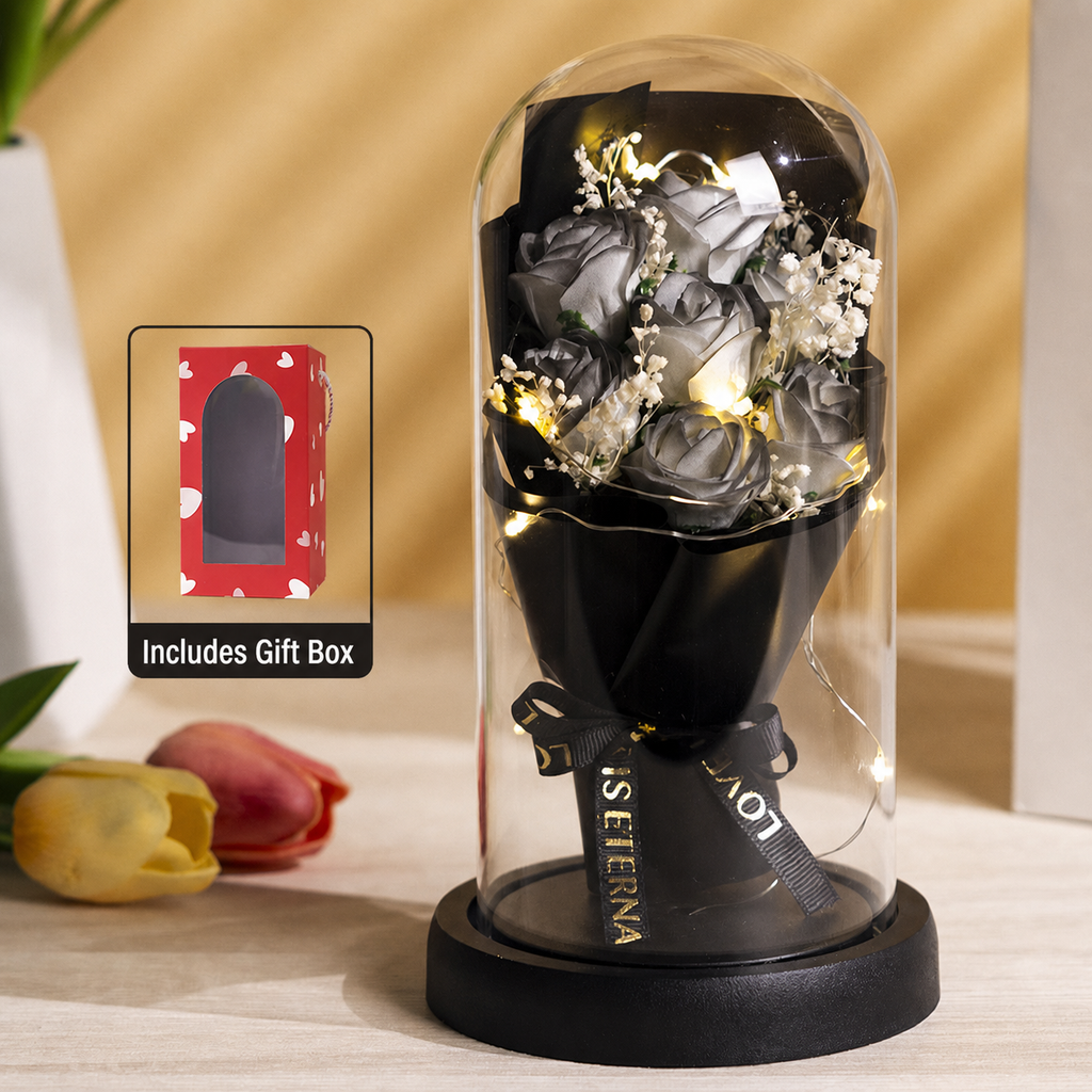 Black Eternal Rose Glass Dome with warm LED lights, ribbon reading Love is Eternal