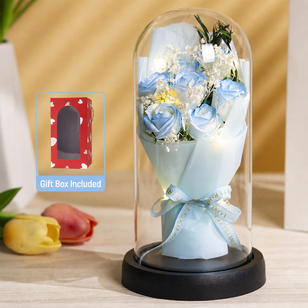Blue Eternal Rose Glass Dome with warm LED lights, ribbon reading Love is Eternal