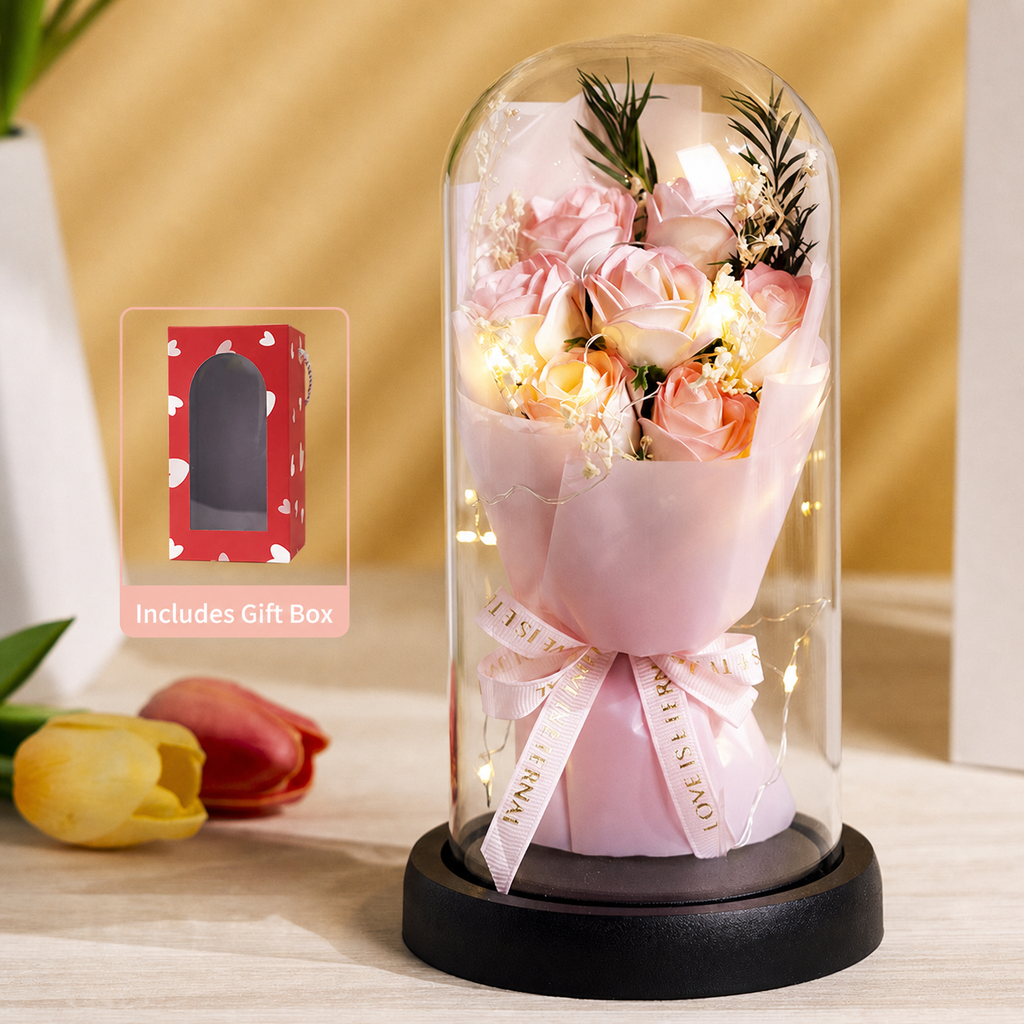 Pink Eternal Rose Glass Dome with warm LED lights, ribbon reading Love is Eternal