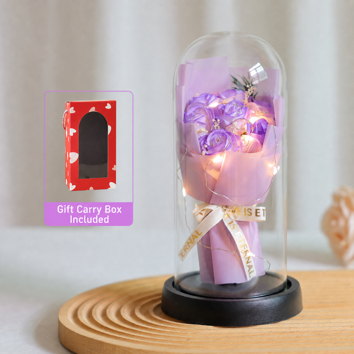 Purple Eternal Rose Glass Dome with warm LED lights, ribbon reading Love is Eternal