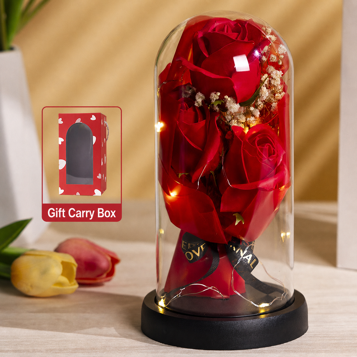 Red Eternal Rose Glass Dome with warm LED lights, ribbon reading Love is Eternal